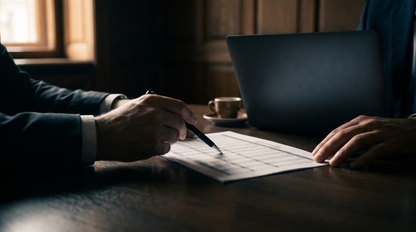 Advisors reviewing printed invoice records across a boardroom table